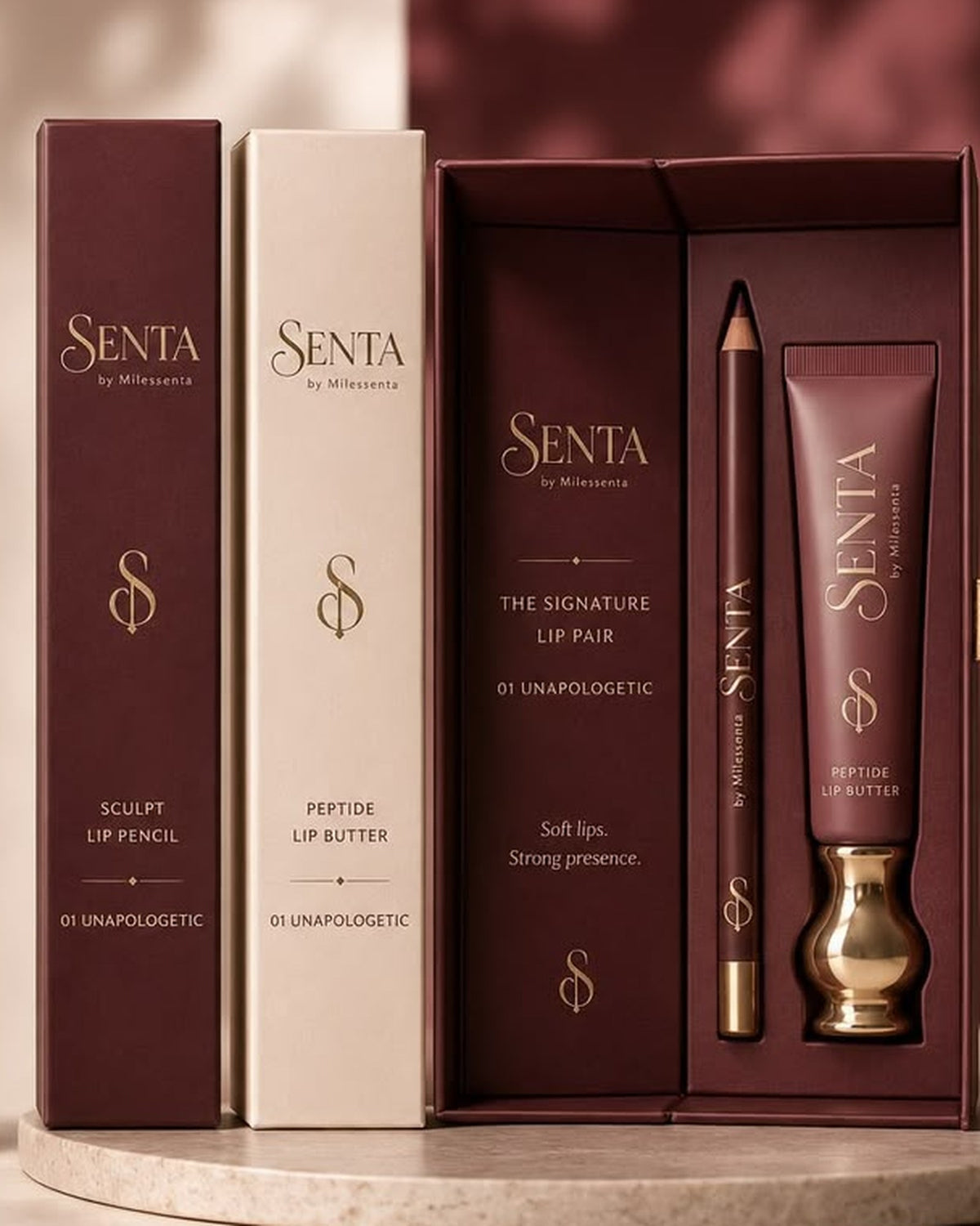 SENTA lip pencil and peptide butter, the full line